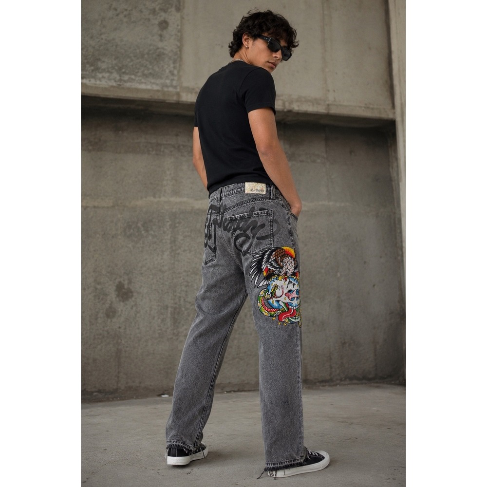 Ed Hardy Mens 38 Gray Embroidered Skull Eagle Snake Jeans Y2K‎ Tattoo Denim